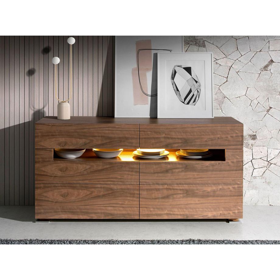 ANGEL CERDA Sideboard Nussbaum und polierter Stahl mit Innenbeleuchtung  