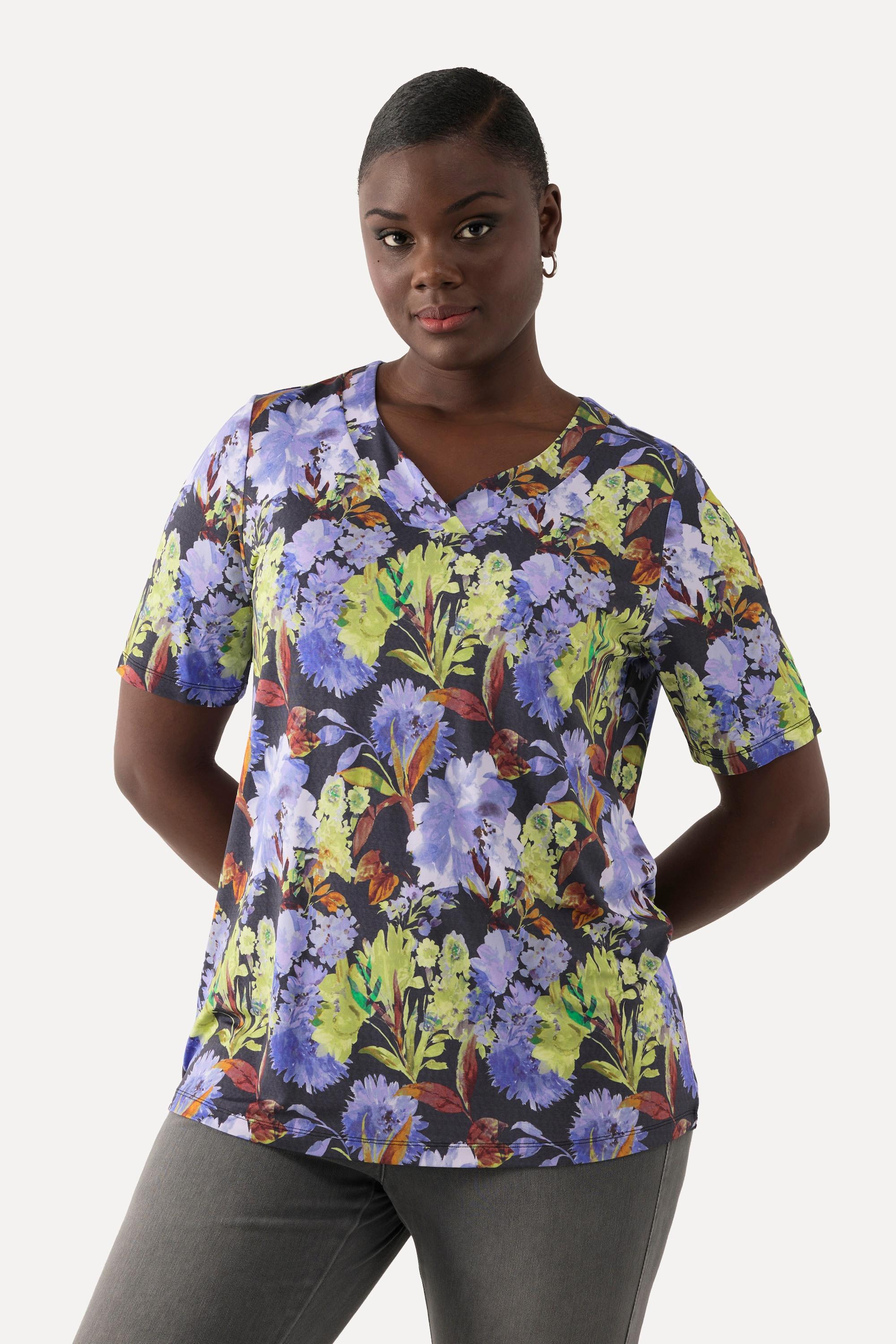 Ulla Popken  T-shirt en tissu fluide, fleurs, classique, col V, manches courtes 