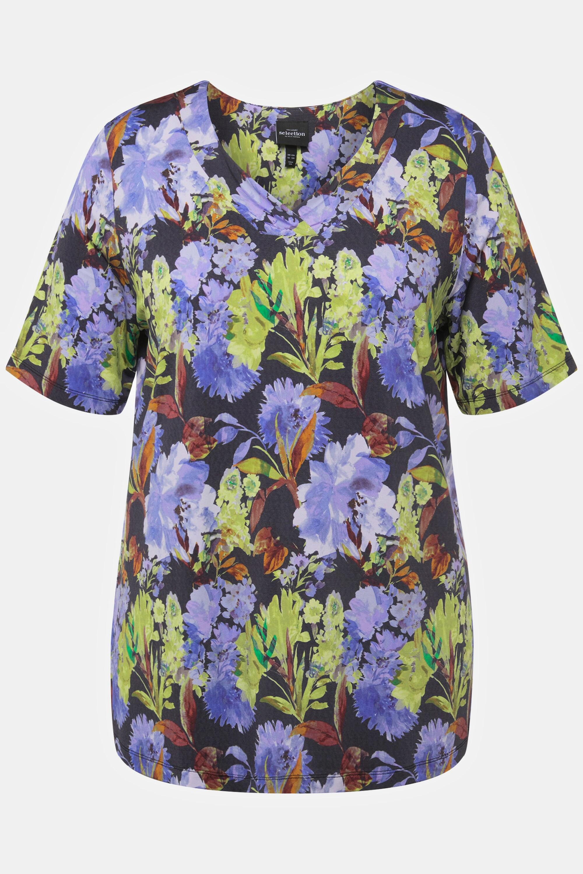 Ulla Popken  Slinkyshirt, Blüten, Classic, V-Ausschnitt, Halbarm 