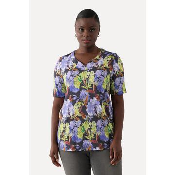 T-shirt en tissu fluide, fleurs, classique, col V, manches courtes