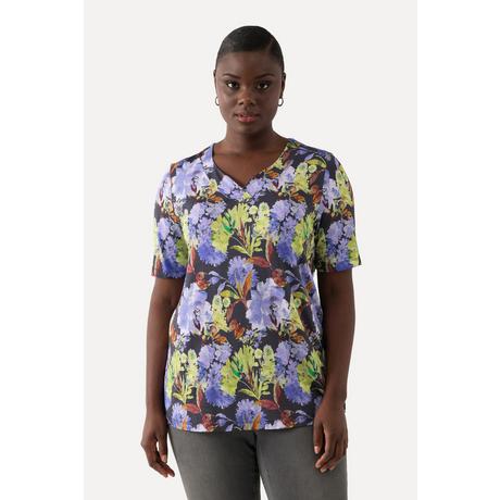 Ulla Popken  T-shirt en tissu fluide, fleurs, classique, col V, manches courtes 