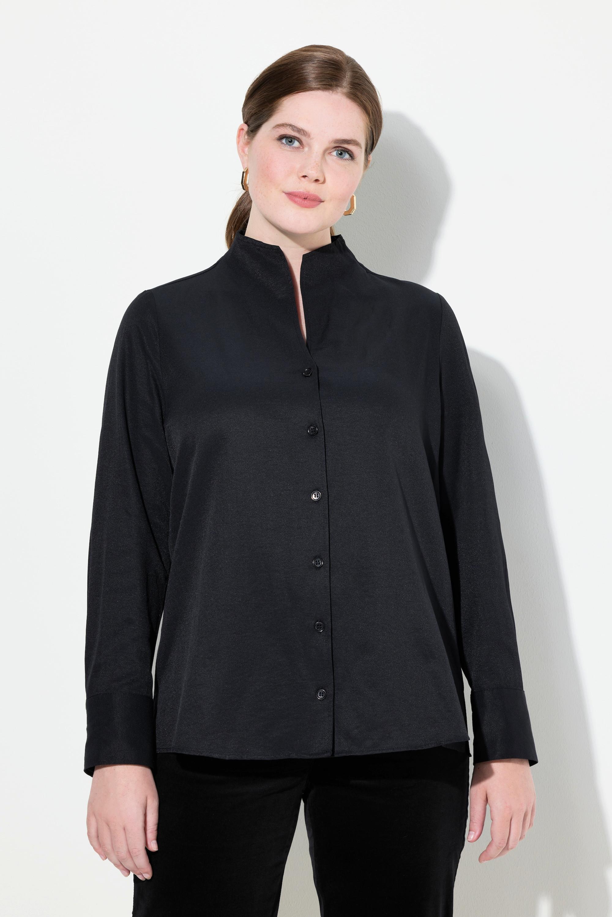 Ulla Popken  Blusa in tessuto Oxford con scollo montante e maniche lunghe 