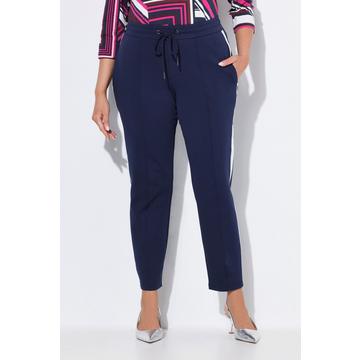 Pantalon point de Rome, jambe carotte et taille élastique, galon le long de la jambe