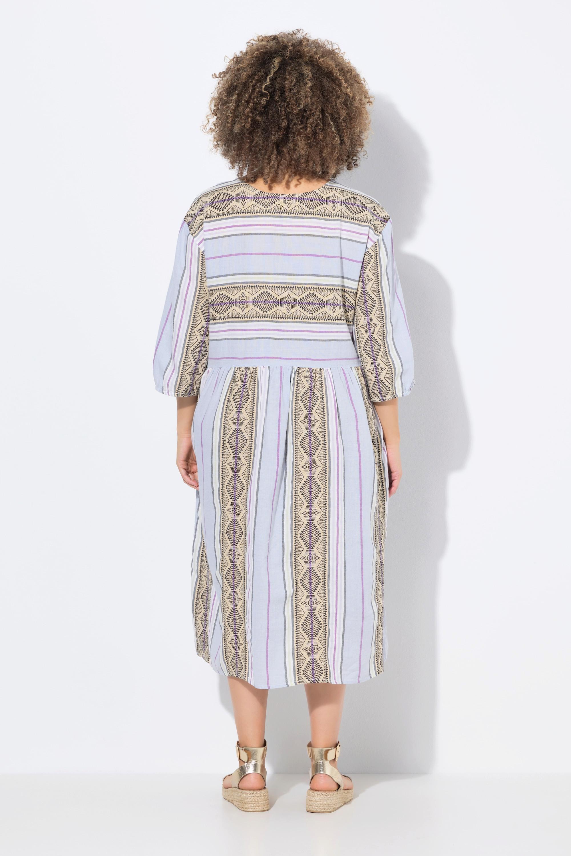 Ulla Popken Robe caftan rayures coupe évasée décolleté en V manches 3/4  