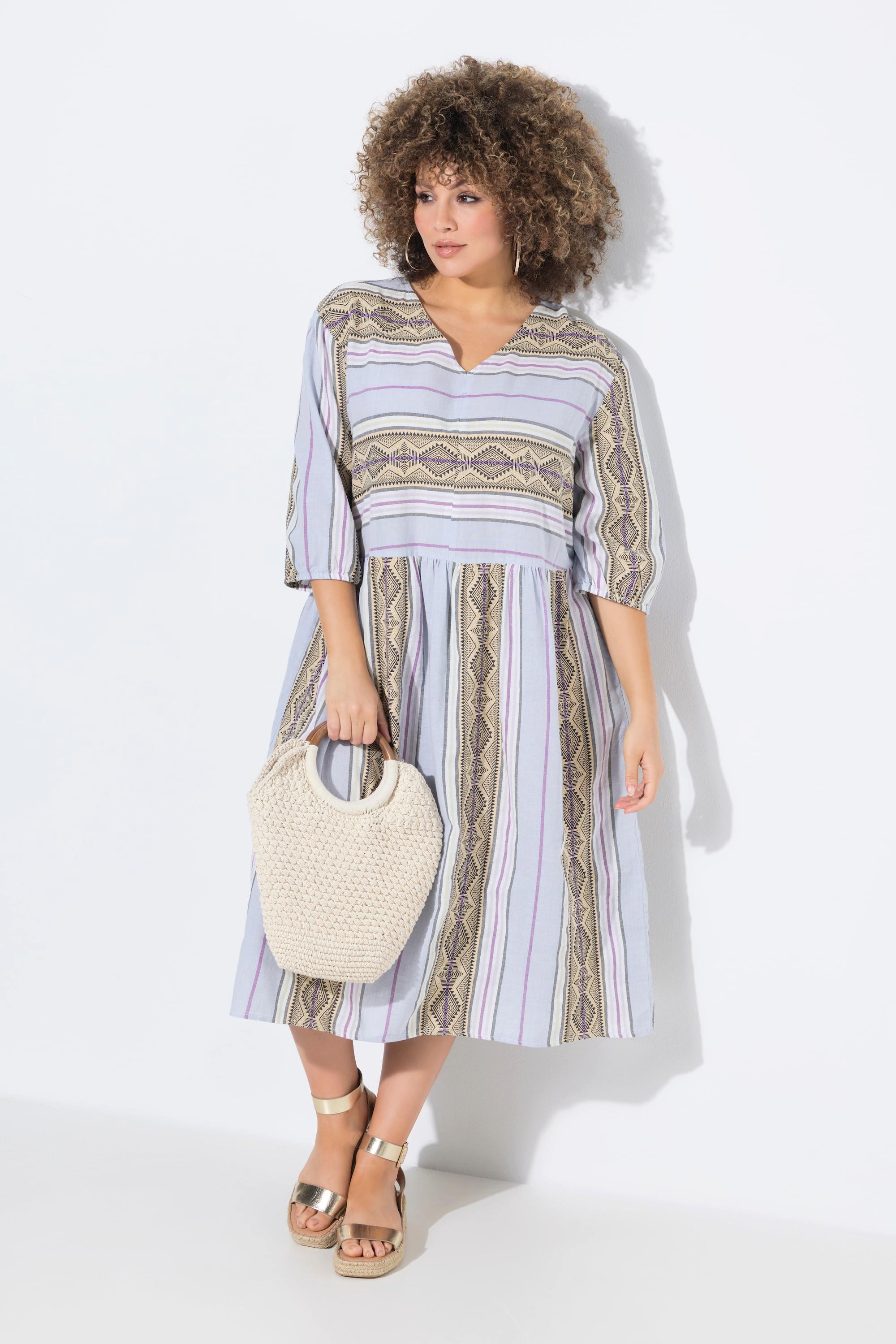 Ulla Popken Robe caftan rayures coupe évasée décolleté en V manches 3/4  