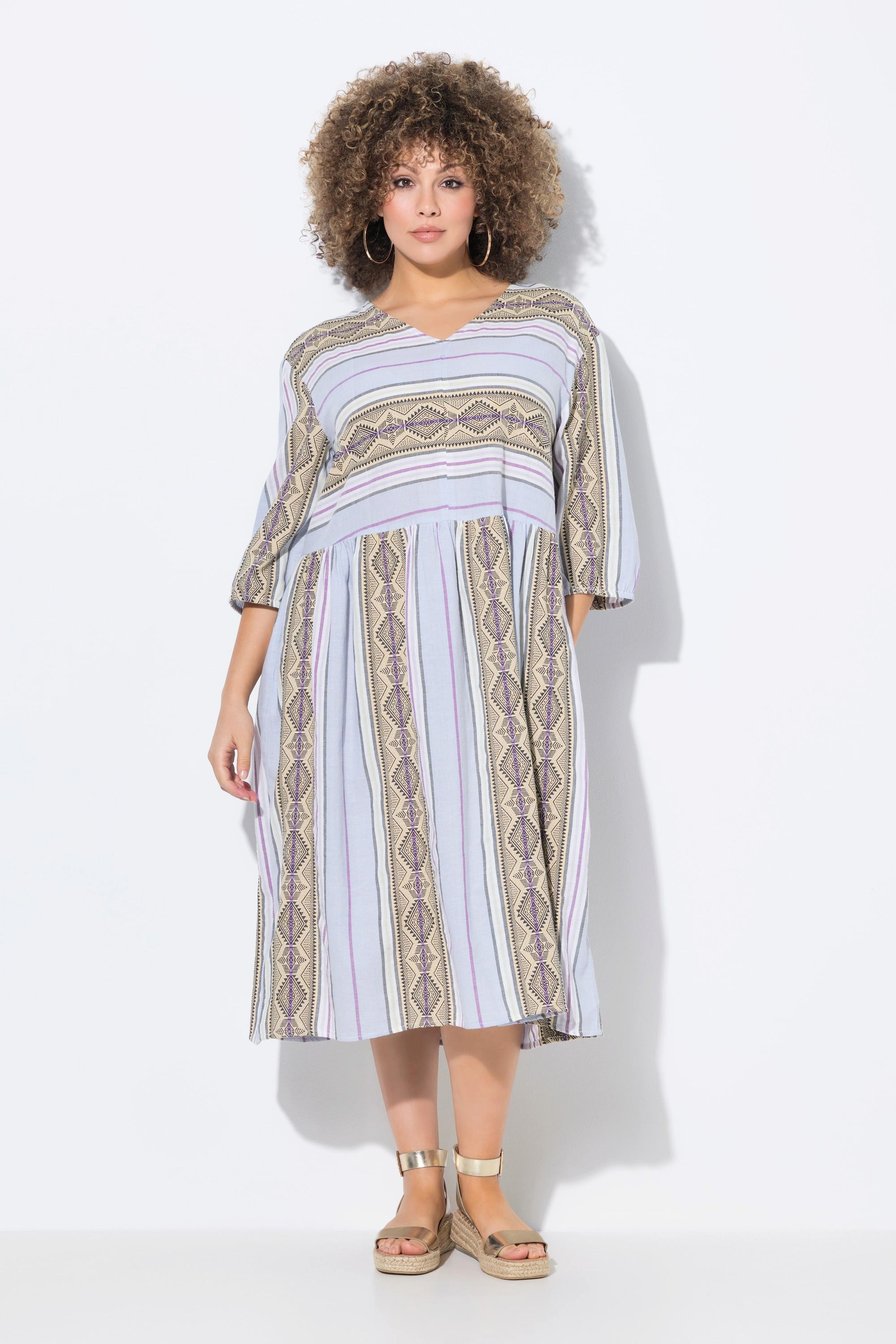 Ulla Popken Robe caftan rayures coupe évasée décolleté en V manches 3/4  