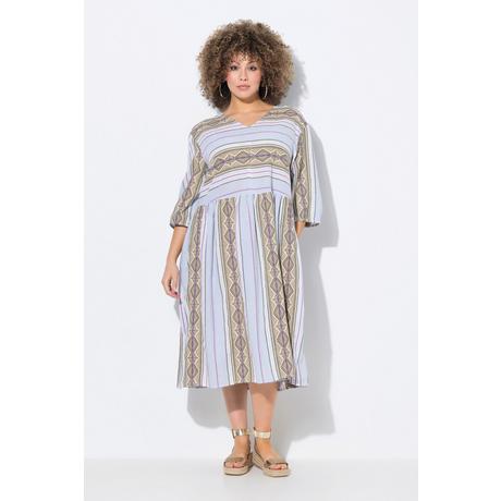 Ulla Popken Robe caftan rayures coupe évasée décolleté en V manches 3/4  