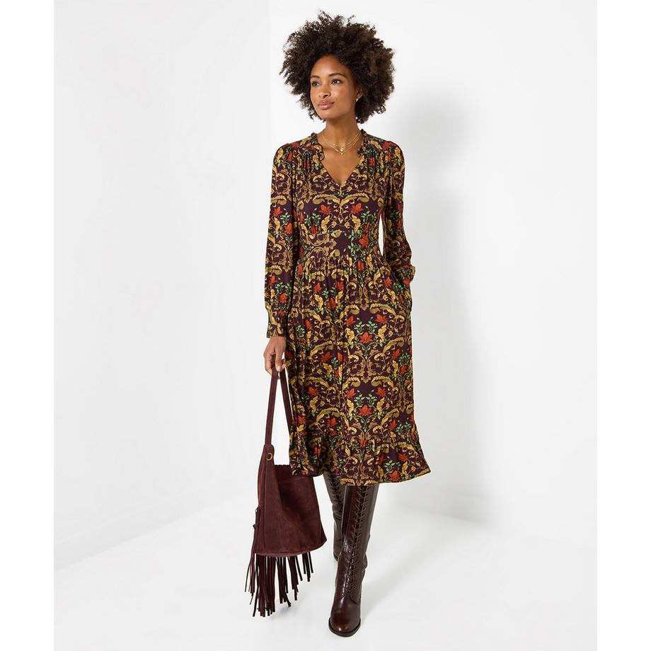 Joe Browns Élégante Robe Mi-Longue en Jersey à Manches Longues Motif Feuilles  