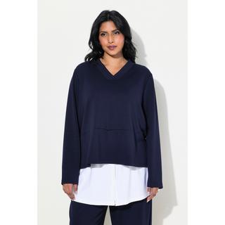 Ulla Popken  Sweat-shirt, col en V et manches longues, empiècement chemisier intégré 