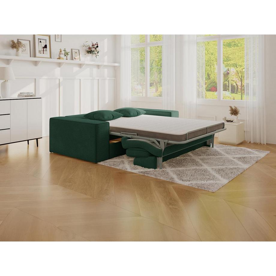 PASCAL MORABITO Canapé 4 places convertible express en velours côtelé vert sapin - Couchage 160 cm - Matelas 14 cm avec mémoire de forme - AMELIA  