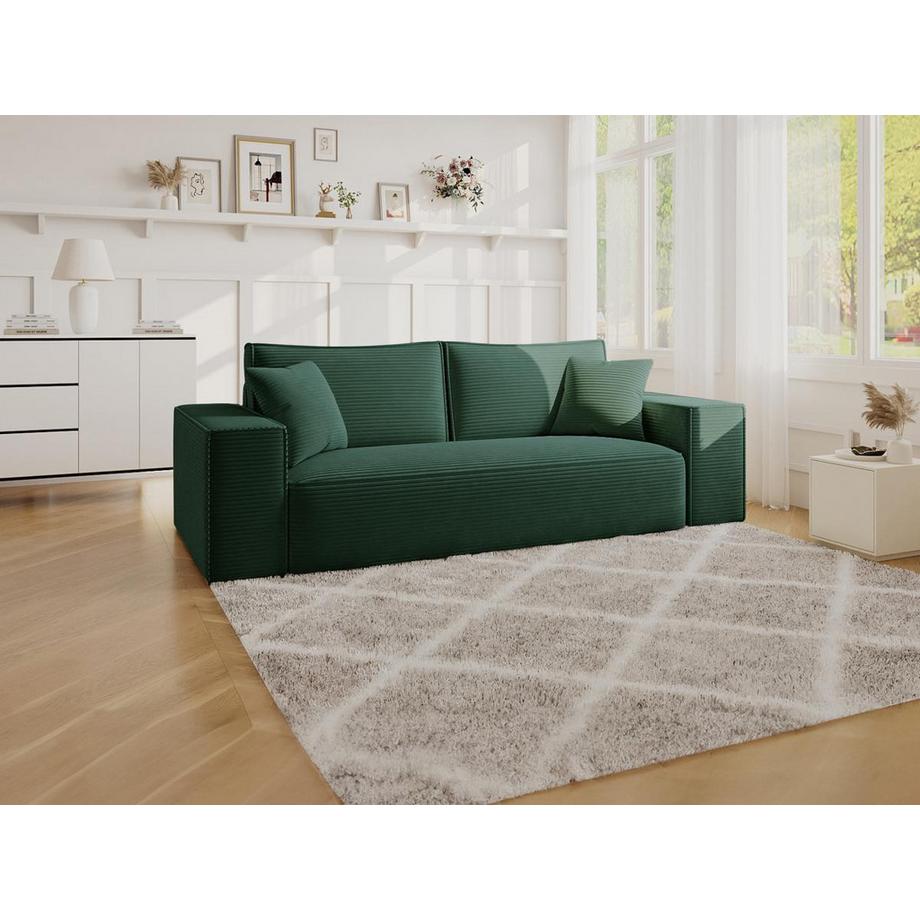 PASCAL MORABITO Canapé 4 places convertible express en velours côtelé vert sapin - Couchage 160 cm - Matelas 14 cm avec mémoire de forme - AMELIA  