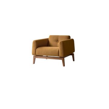 Sessel mit massivem Eichenholzgestell und senffarbenem Stoffbezug Bjorn