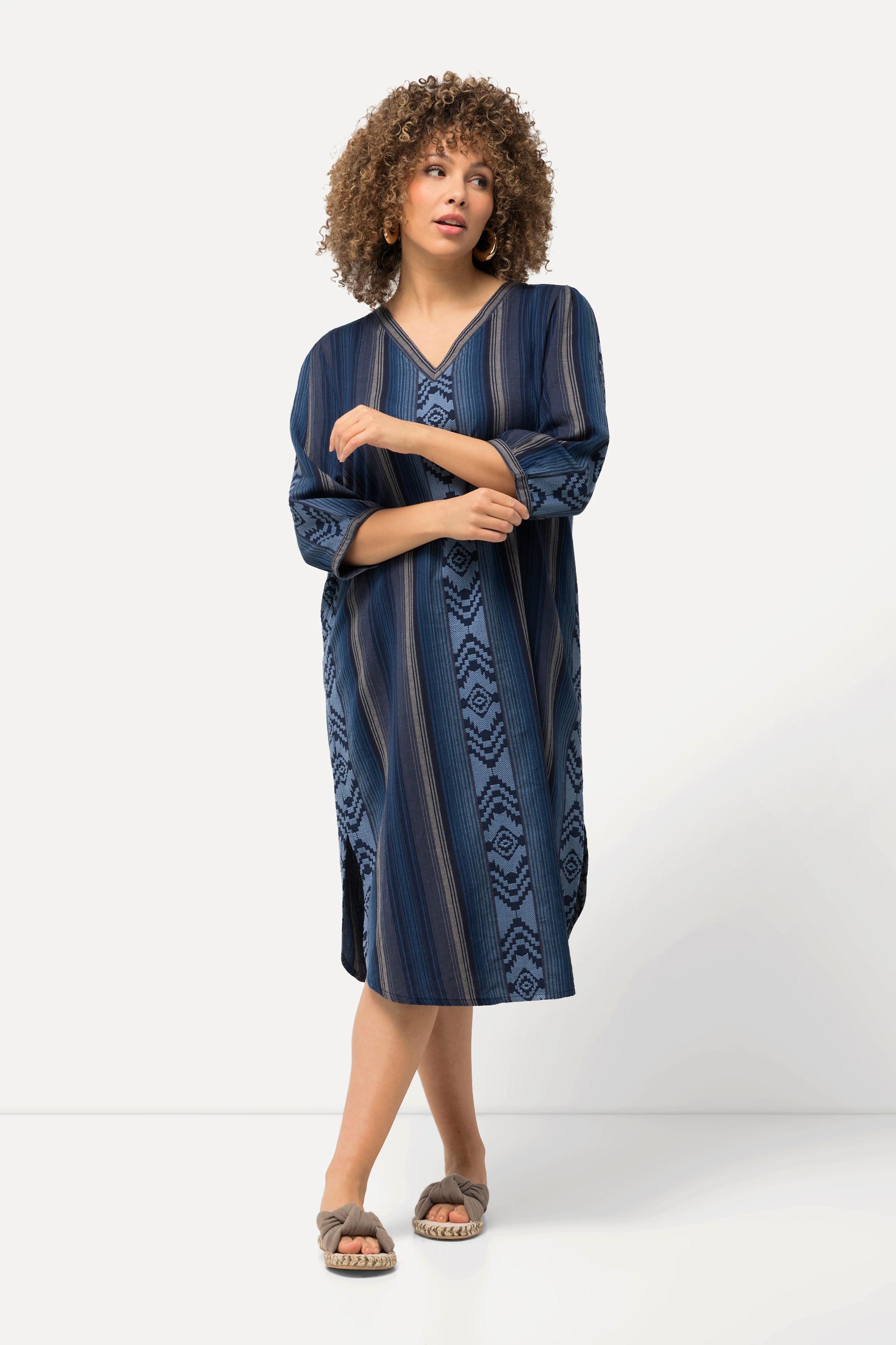 Ulla Popken  Kaftan, Musterstreifen, Oversized, V-Ausschnitt, 3/4-Arm 