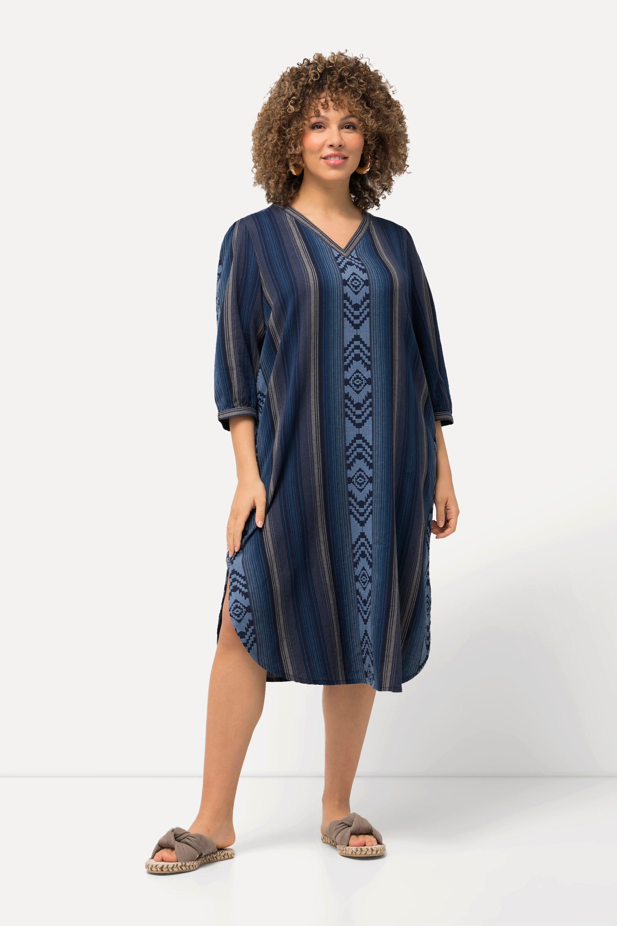 Ulla Popken  Kaftan, Musterstreifen, Oversized, V-Ausschnitt, 3/4-Arm 