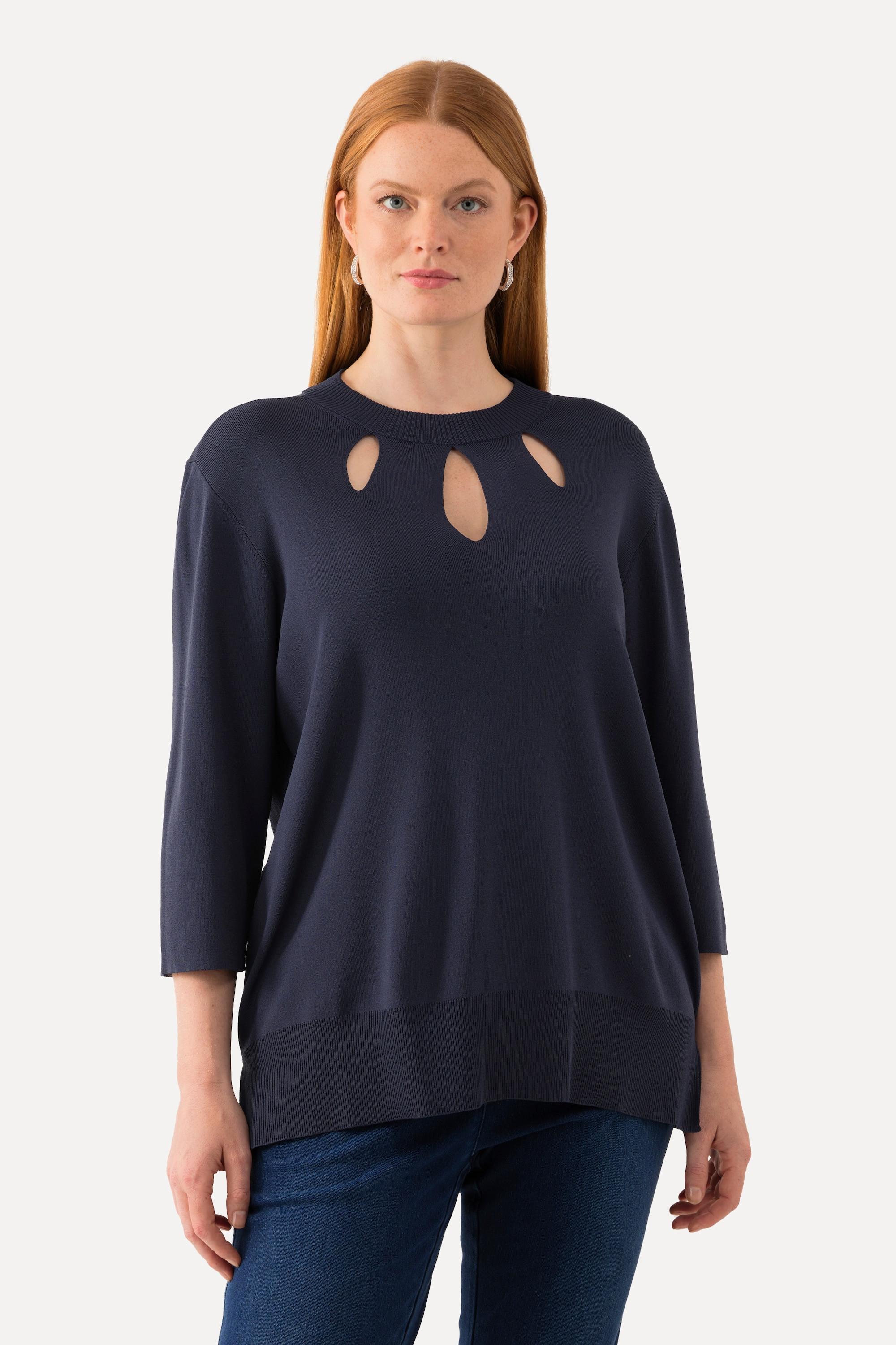 Ulla Popken  Pullover, Cut-Outs, Stehkragen, 3/4-Arm, Rippstrick 