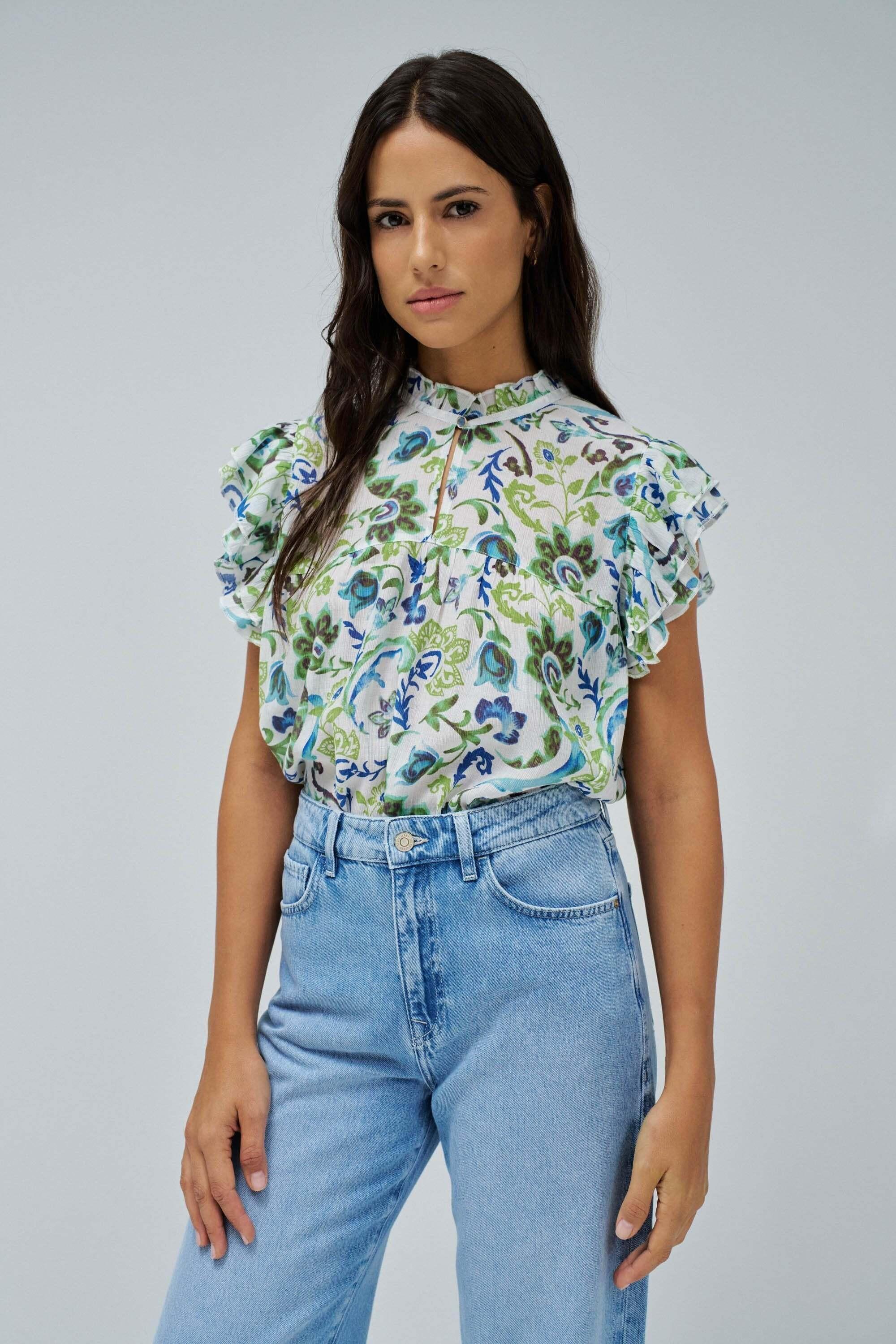 Salsa Ruffled Detail Print Blouse Manches Courtes  