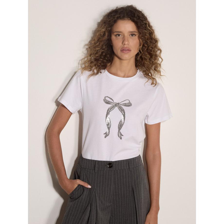 Jersey-T-Shirt mit metallischem Schleifenprint