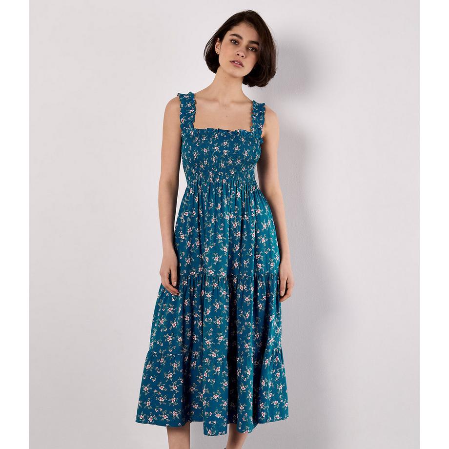 Robe mi-longue smockée à imprimé orchidée