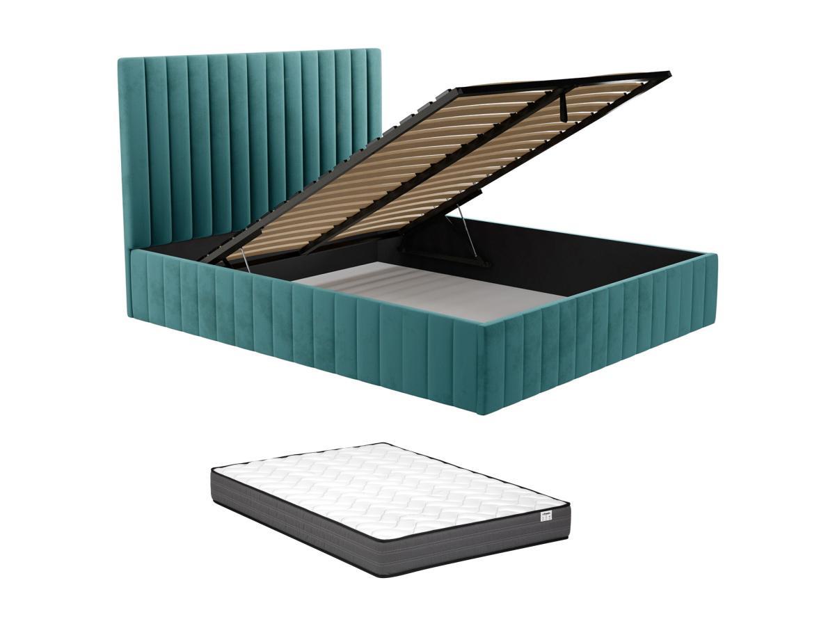 PASCAL MORABITO Bett mit Bettkasten + Matratze - 180 x 200 cm - Bett-Kopfteil mit vertikalen Ziernähten - Samt - Blau - LARALI von Pascal Morabito  