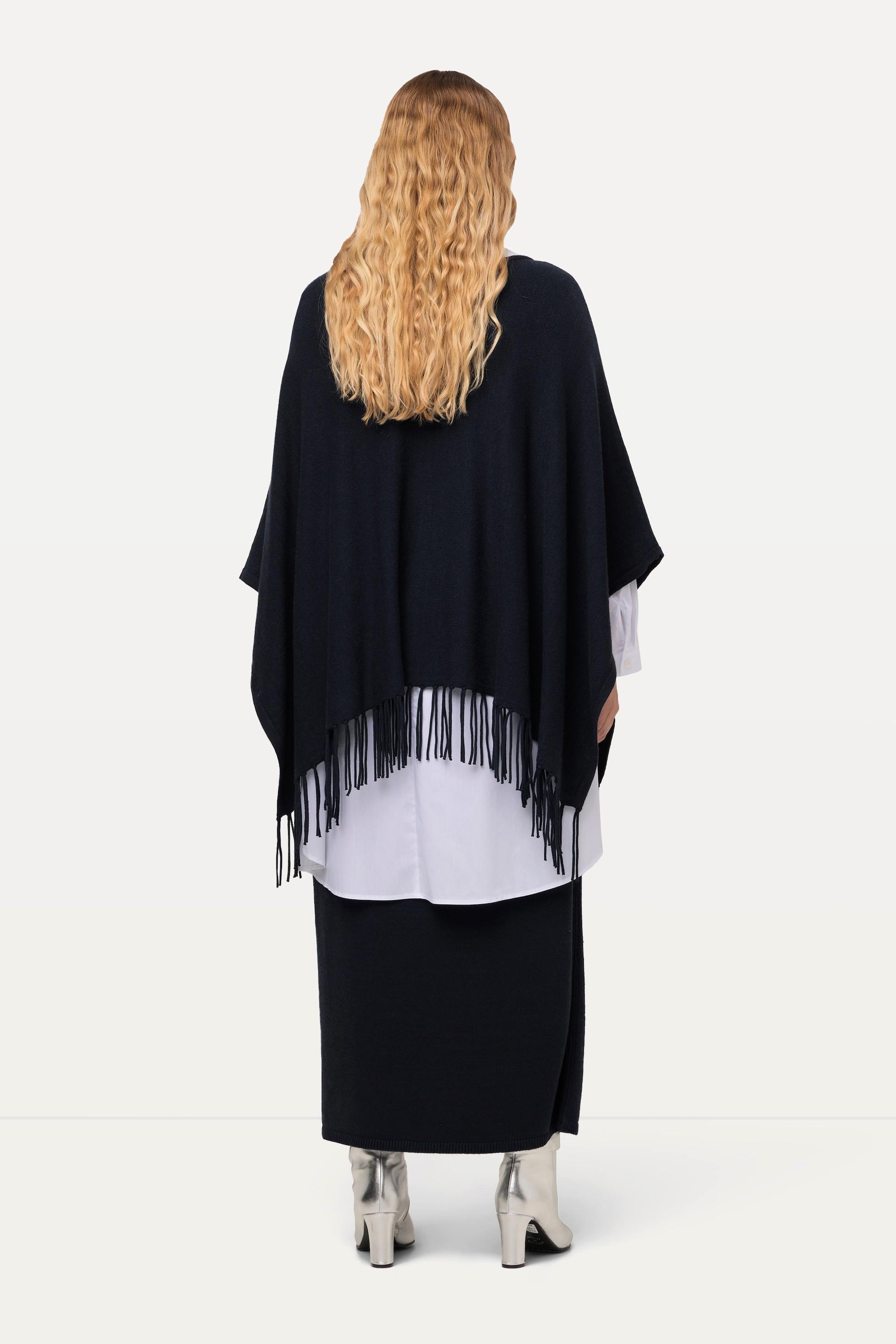 Ulla Popken  Strickponcho, Oversized, Fransen, U-Boot-Ausschnitt 