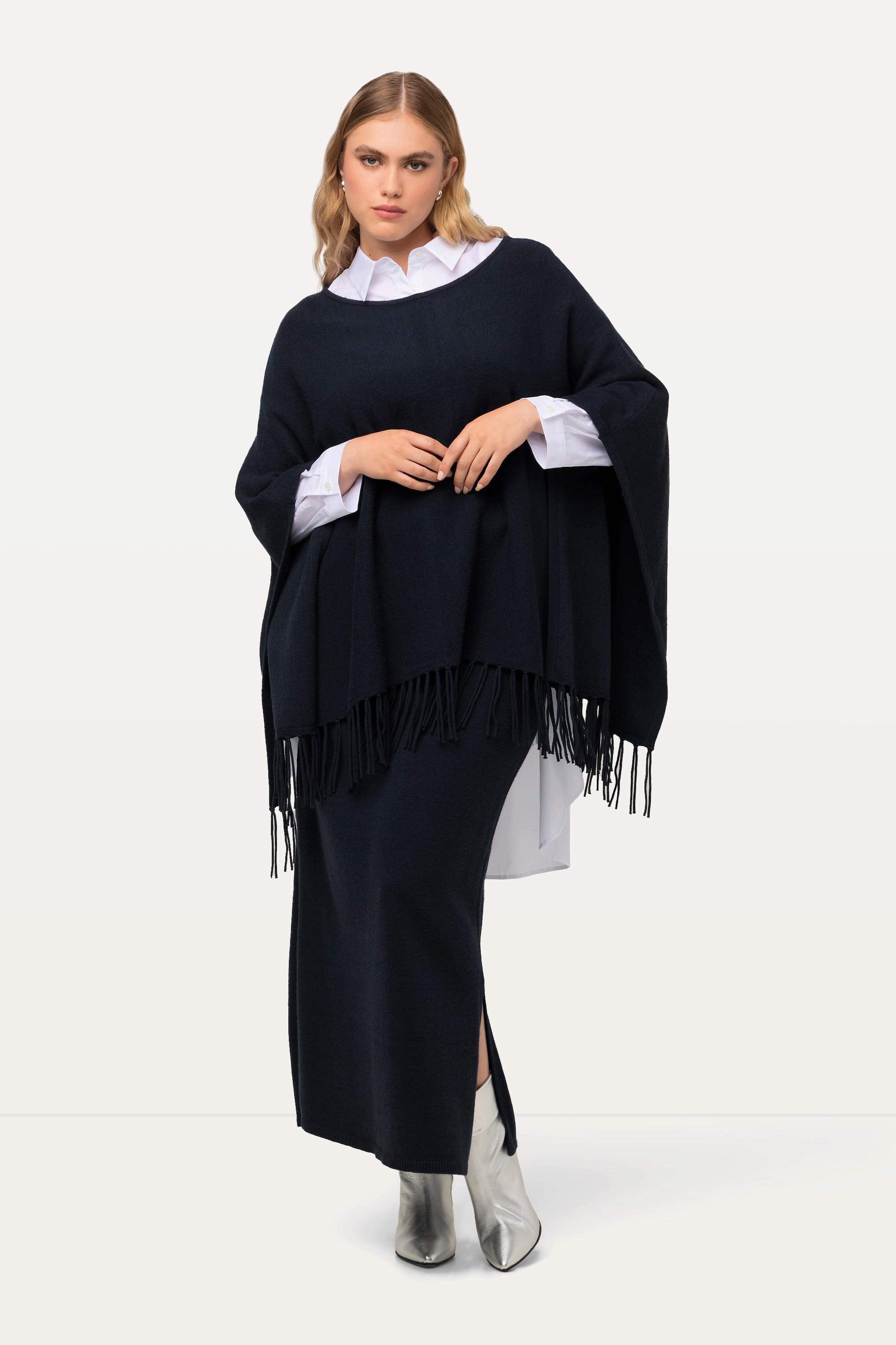 Ulla Popken  Strickponcho, Oversized, Fransen, U-Boot-Ausschnitt 