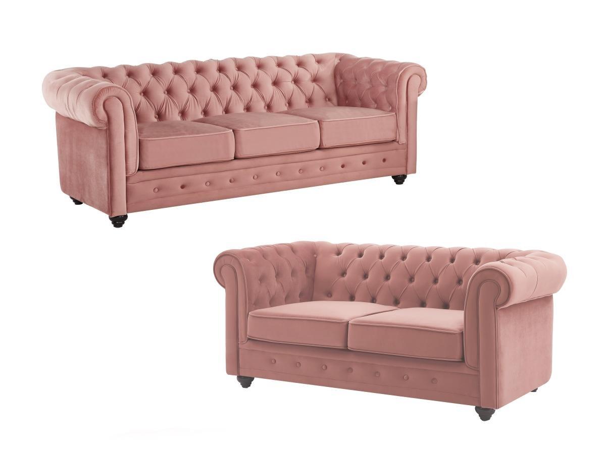 Vente-unique Canapés 3 places et 2 places en velours rose pastel CHESTERFIELD  