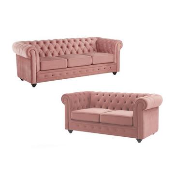 Canapés 3 places et 2 places en velours rose pastel CHESTERFIELD