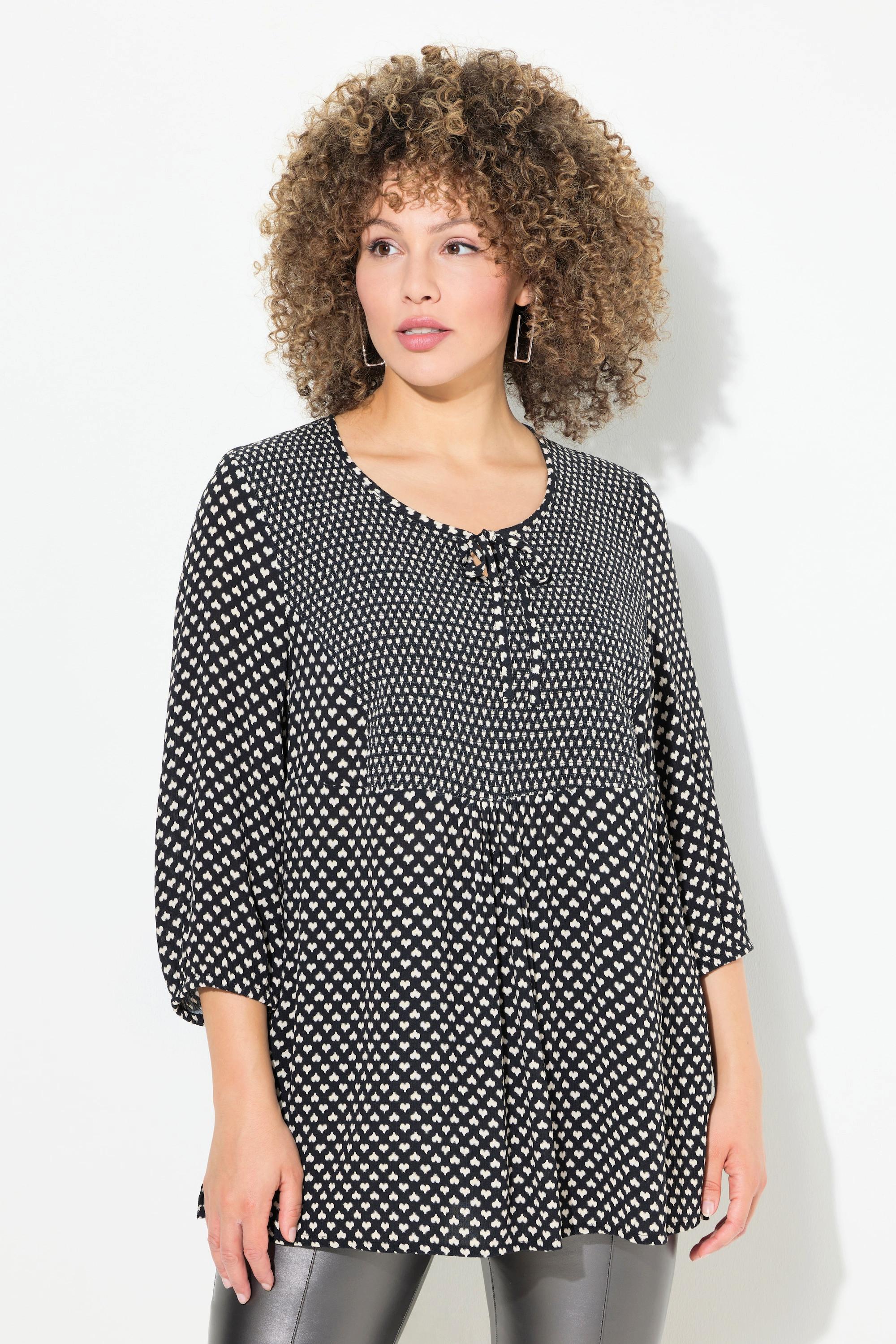 Ulla Popken  Blusa a punto smock con cuori, taglio svasato, scollo a girocollo e maniche a 3/4 