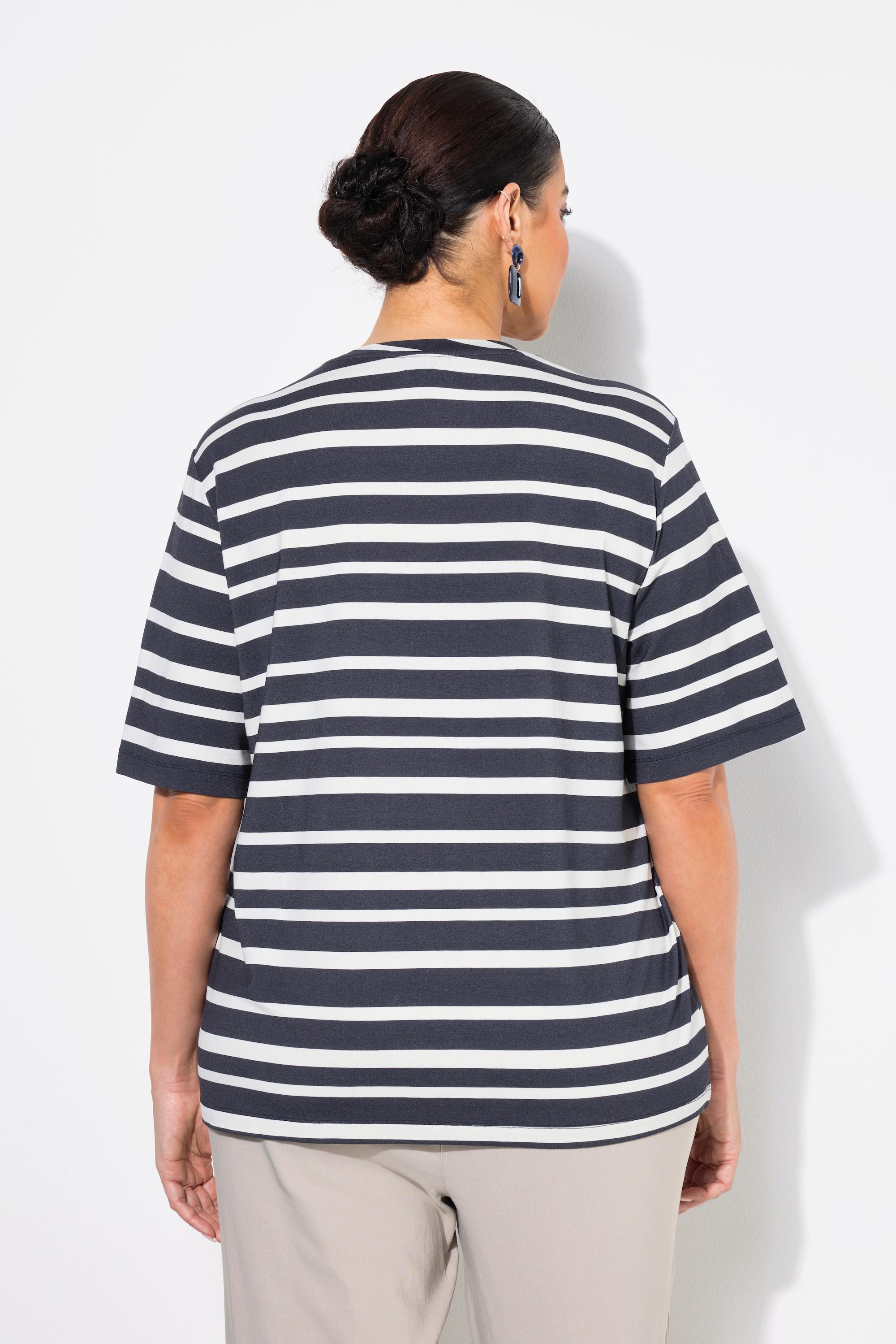 Ulla Popken T-shirt rayures fleurs strass fantaisie décolleté rond manches courtes  