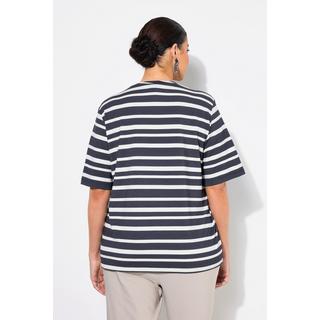 Ulla Popken T-shirt rayures fleurs strass fantaisie décolleté rond manches courtes  