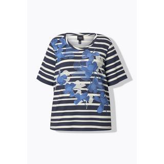 Ulla Popken T-shirt rayures fleurs strass fantaisie décolleté rond manches courtes  