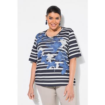 Maglia a righe con fiori, applicazioni, scollo a girocollo e mezze maniche