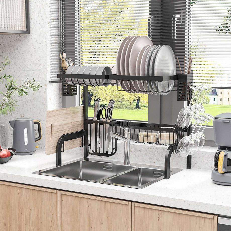 Northio  Abtropfgestell Geschirr, 2-stufiges Abtropfständer mit Haken, Tellerregal, Zubehör, 65 cm Abtropfgitter Gestell für Küchenspüle, Stahl, Schwarz | 