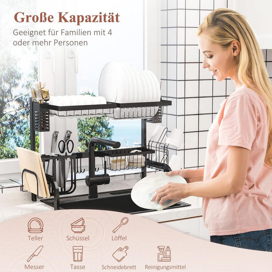 Northio  Abtropfgestell Geschirr, 2-stufiges Abtropfständer mit Haken, Tellerregal, Zubehör, 65 cm Abtropfgitter Gestell für Küchenspüle, Stahl, Schwarz | 