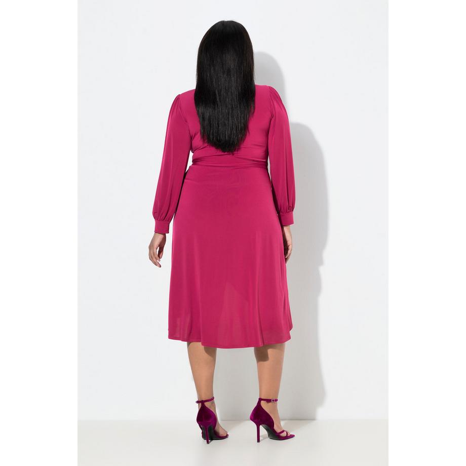 Ulla Popken Abito Midi Incrociato Cintura Scollo a V Maniche Lunghe a Palloncino  