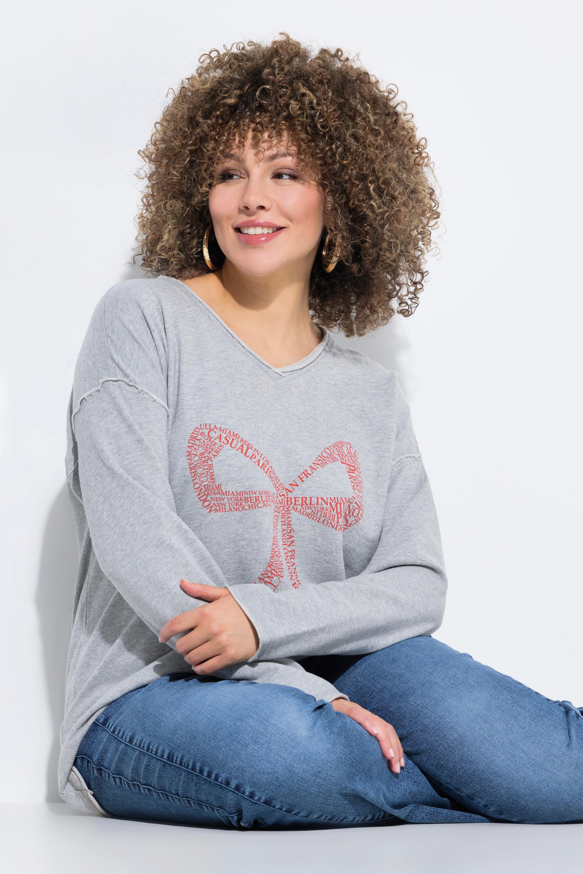 Ulla Popken Sweat-shirt oversize col en V manches longues avec motif nœud  