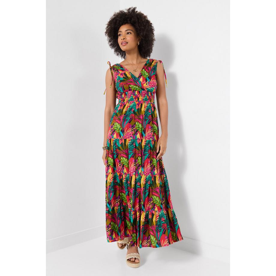 Robe Maxi Imprimée avec Encolure Cache-Cœur et Taille Froncée