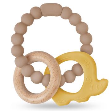 Beißring für Babys, Elefanten-Beißspielzeug aus Silikon und Holzringen, Baby-Zahnungshilfe BPA-frei, schmerzlinderndes Zahnungs-Stillzubehör