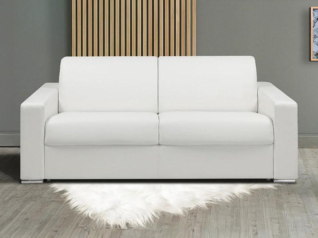 LINEA SOFA Schlafsofa mit Matratze 3-Sitzer Kunstleder - Weiß - Liegefläche mit Lattenrost: 140 cm - Matratzenhöhe: 14 cm mit Memory Schaum - CALITO  