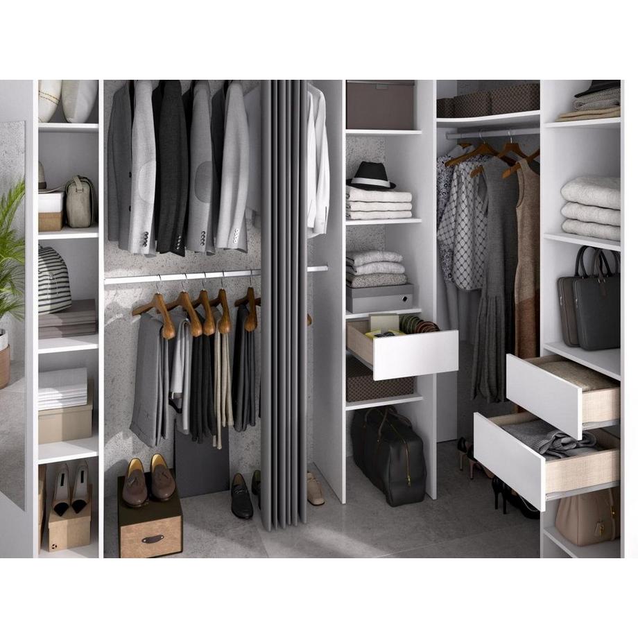 Vente-unique  Dressing d'angle avec rideau et 1 porte - Avec miroir - L231 cm - Blanc et gris - BERTRAND 