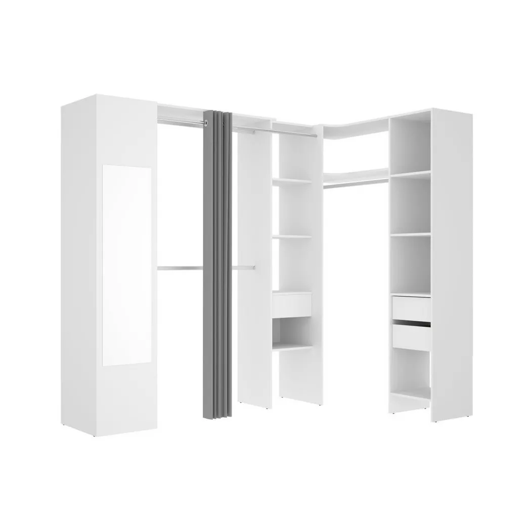 Dressing d'angle avec rideau et 1 porte - Avec miroir - L231 cm - Blanc et gris - bertrand