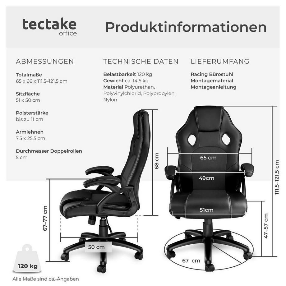 Tectake Bürostuhl Tyson ergonomische Form dicke Polsterung  