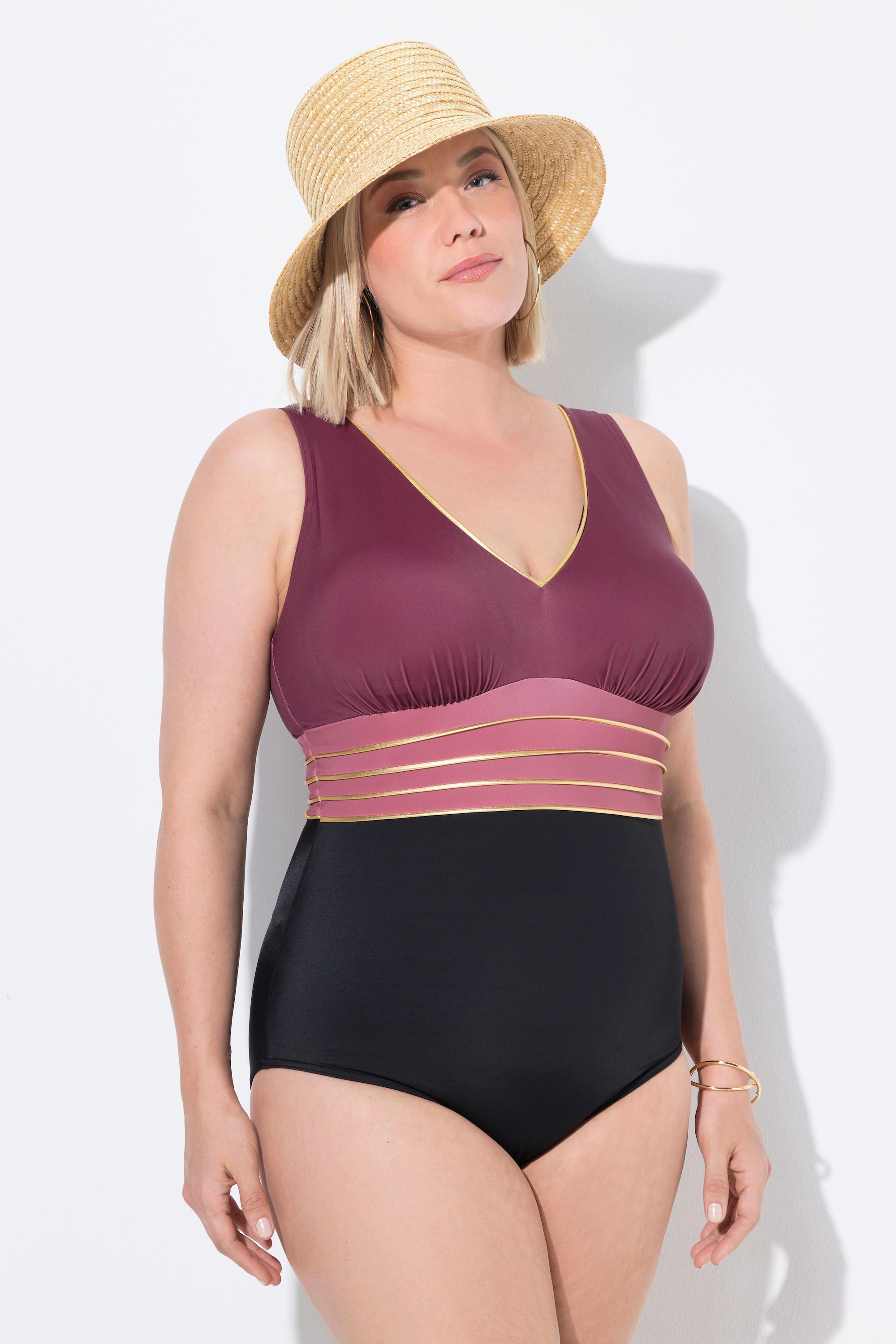 Ulla Popken Costume da bagno Bordura Oro Coppe Morbide Scollo a V Riciclato  