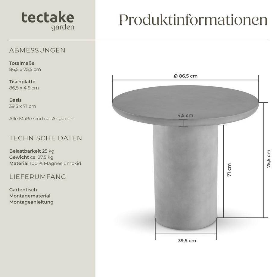 Tectake Runder Gartentisch Talmi minimalistisches Design wetterfest  