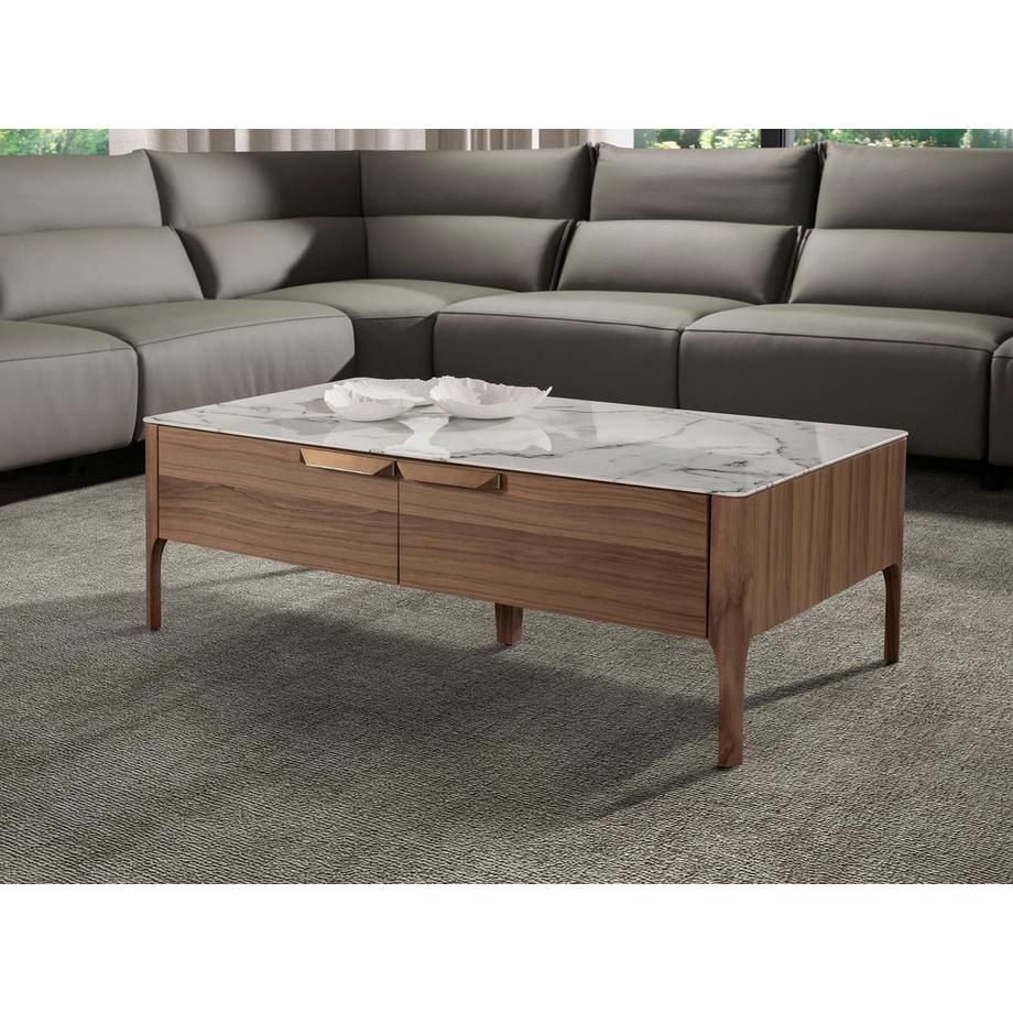 ANGEL CERDA Rechteckiger Couchtisch aus Glas mit Marmor- und Nussbaumimitation  