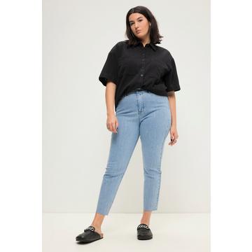 Mom jeans con taglio a vita alta, righe di applicazioni brillanti e cinque tasche