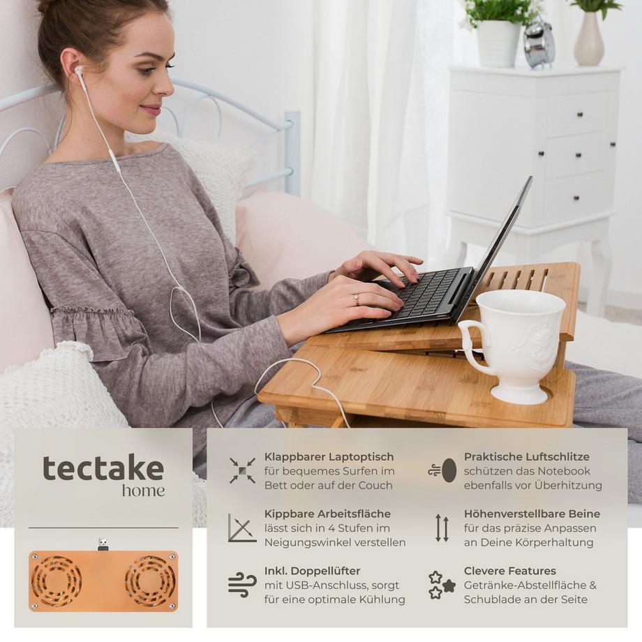 Tectake Tavolino per PC portatile  Kerstin in bambù, pieghevole e regolabile in altezza  