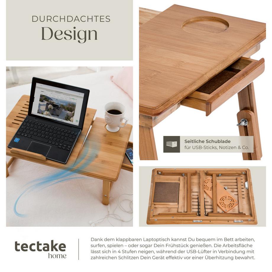 Tectake Tavolino per PC portatile  Kerstin in bambù, pieghevole e regolabile in altezza  