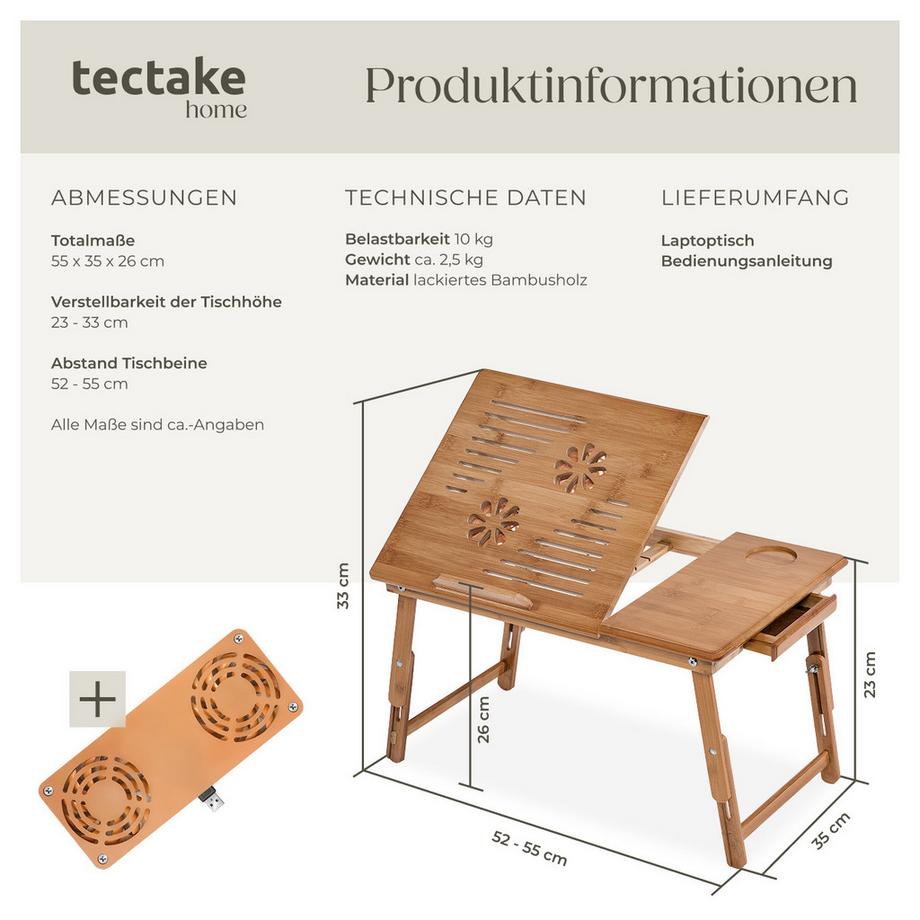 Tectake Tavolino per PC portatile  Kerstin in bambù, pieghevole e regolabile in altezza  