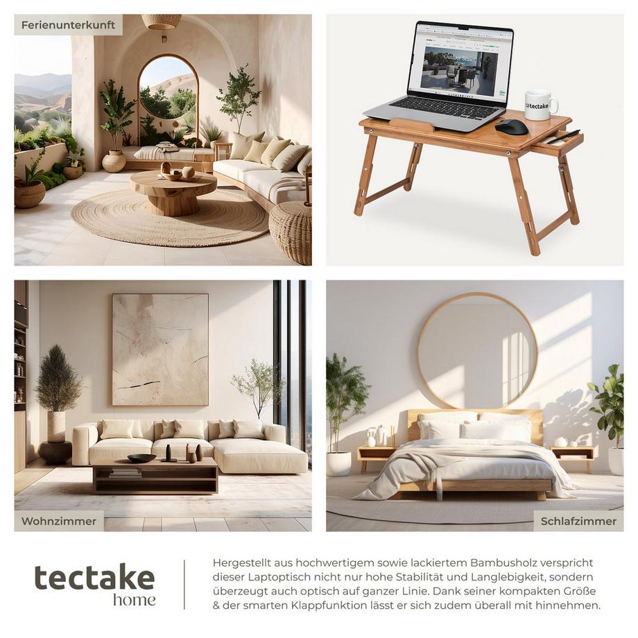 Tectake Tavolino per PC portatile  Kerstin in bambù, pieghevole e regolabile in altezza  